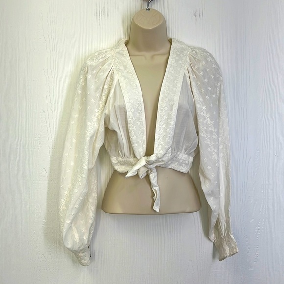 Urban Outfitters - NWT Alanis Ivory Embroidered Tie Long Sleeve Crop Size Small - Picture 1 of 14